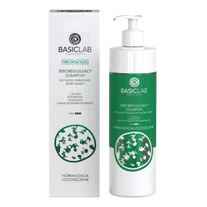BASICLAB Dermocosmetics Seboregulujący Szampon do tłustej i wrażliwej skóry głowy, 1,5% BHA, Postbiotyk, Glukozyd kwasu rozmarynowego, Normalizacja i Oczyszczanie - 300ml