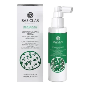 BASICLAB Dermocosmetics Seboregulujące serum do tłustej i wrażliwej skóry głowy, 0,02% czystego retinalu, 5% postbiotyku, Tripeptyd złuszczający, Glukozyd kwasu rozmarynowego,Normalizacja i wzmocnienie - 100 ml