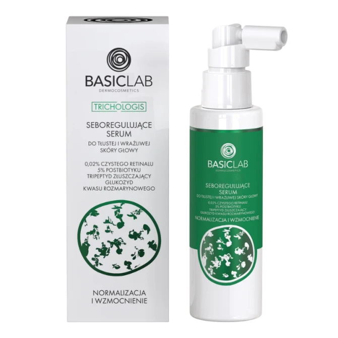 BASICLAB Dermocosmetics Seboregulujące serum do tłustej i wrażliwej skóry głowy, 0,02% czystego retinalu, 5% postbiotyku, Tripeptyd złuszczający, Glukozyd kwasu rozmarynowego,Normalizacja i wzmocnienie - 100 ml