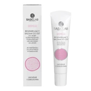BASICLAB Dermocosmetics Atopicus Regenerujący balsam do ust do skóry ultrawrażliwej, podrażnionej lub skłonnej do atopii, 4% pantenolu, 2% fitosteroli, witamina B12, Ukojenie i Odbudowa - 15 ml
