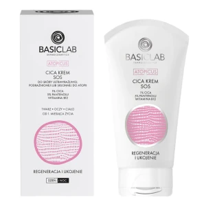 BASICLAB Dermocosmetics Atopicus CICA krem SOS do skóry ultrawrażliwej, podrażnionej lub skłonnej do atopii, 1% CICA, 5% pantenolu, witamina B12, Regeneracja i Ukojenie - 75 ml