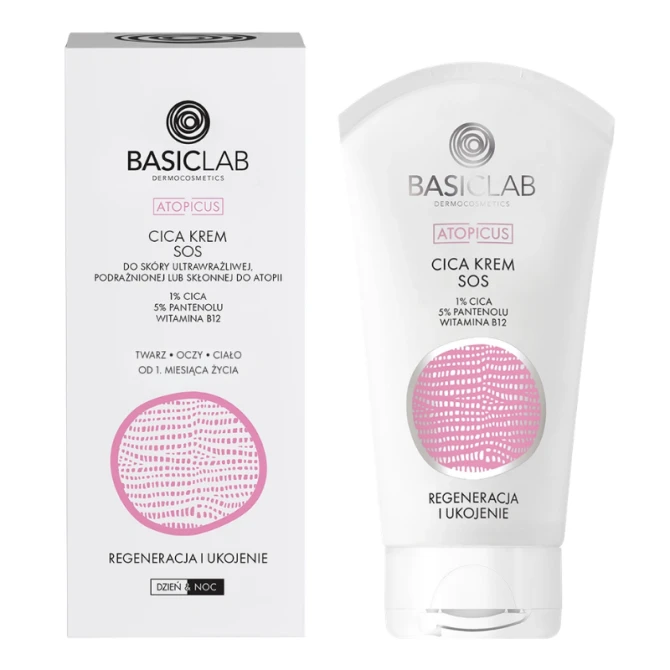 BASICLAB Dermocosmetics Atopicus CICA krem SOS do skóry ultrawrażliwej, podrażnionej lub skłonnej do atopii, 1% CICA, 5% pantenolu, witamina B12, Regeneracja i Ukojenie - 75 ml