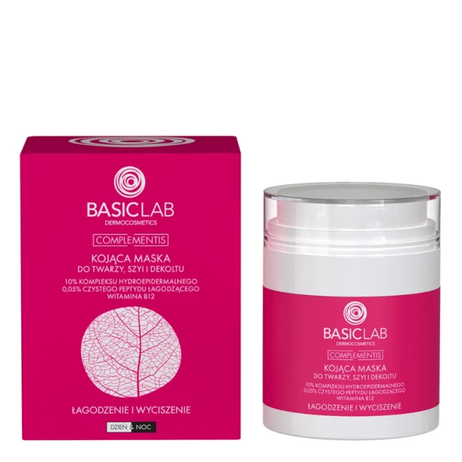 BASICLAB DERMOCOSMETICS COMPLEMENTIS Kojąca maska do twarzy, szyi i dekoltu, 10% kompleksu hydroepidermalnego, 0,05% czystego peptydu łagodzącego, witamina B12, Łagodzenie i Wyciszenie - 50 ml