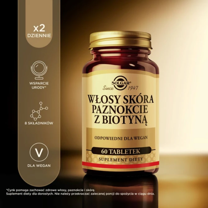 SOLGAR Włosy, Skóra, Paznokcie + Biotyna - 60 Tabletek