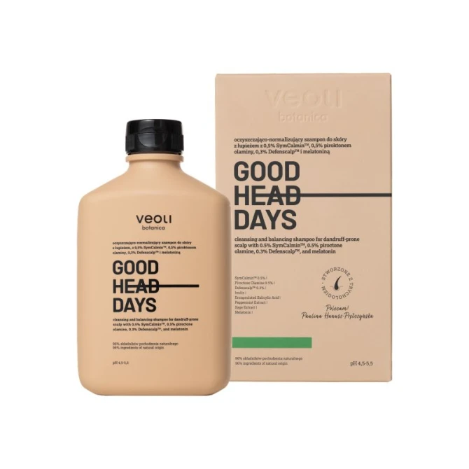 VEOLI BOTANICA GOOD HEAD DAYS Oczyszczająco-normalizujący szampon do skóry z łupieżem z 0,5% SymCalmin™, 0,5% piroktonem olaminy, 0,3% Defenscalp™ i melatoniną 300 ml
