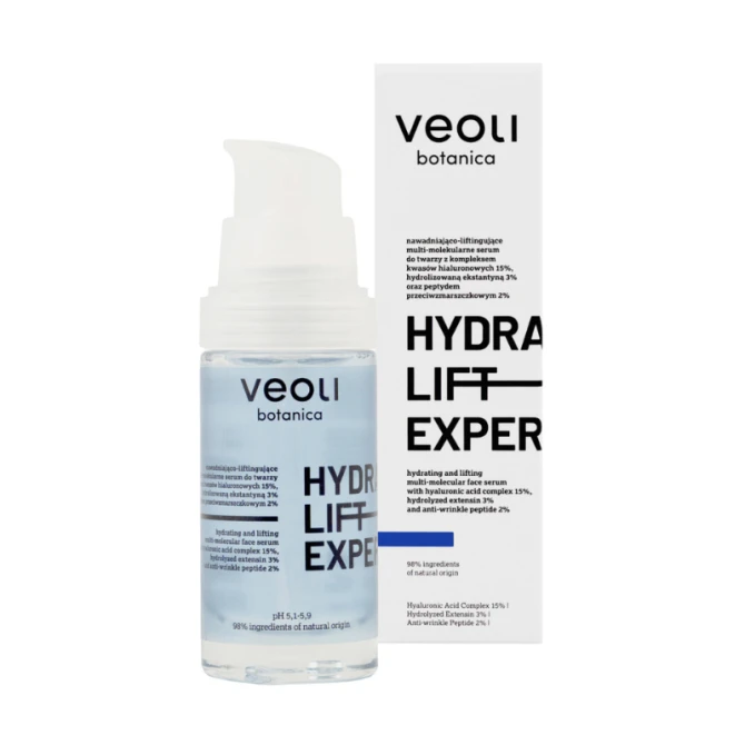 VEOLI BOTANICA HYDRA LIFT EXPERT Nawadniająco-liftingujące multi-molekularne serum do twarzy z kompleksem kwasów hialuronowych 15%, hydrolizowaną ekstantyną 3% oraz peptydem przeciwzmarszczkowym 2% 30 ml