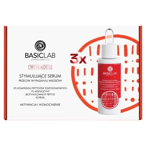 BASICLAB Dermocosmetics Trichologis Zestaw 3x stymulujące serum przeciw wypadaniu włosów, 5% kompleksu peptydów egzosomowych, 1% adenozyny, biotynylowany peptyd, kopexil, aktywacja i wzmocnienie 3x30 ml