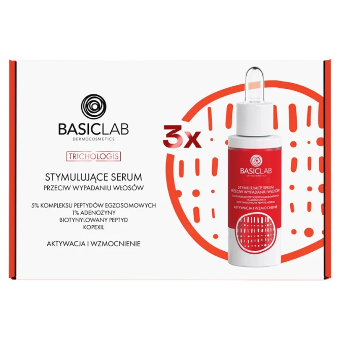 BASICLAB Dermocosmetics Trichologis Zestaw 3x stymulujące serum przeciw wypadaniu włosów, 5% kompleksu peptydów egzosomowych, 1% adenozyny, biotynylowany peptyd, kopexil, aktywacja i wzmocnienie 3x30 ml