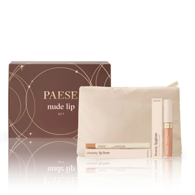 PAESE Zestaw Świąteczny Nude Lip Set - Kremowa konturówka do ust 03 Honey Mood 0,6g + Błyszczyk do ust 14 Caramel Mousse 4,5ml