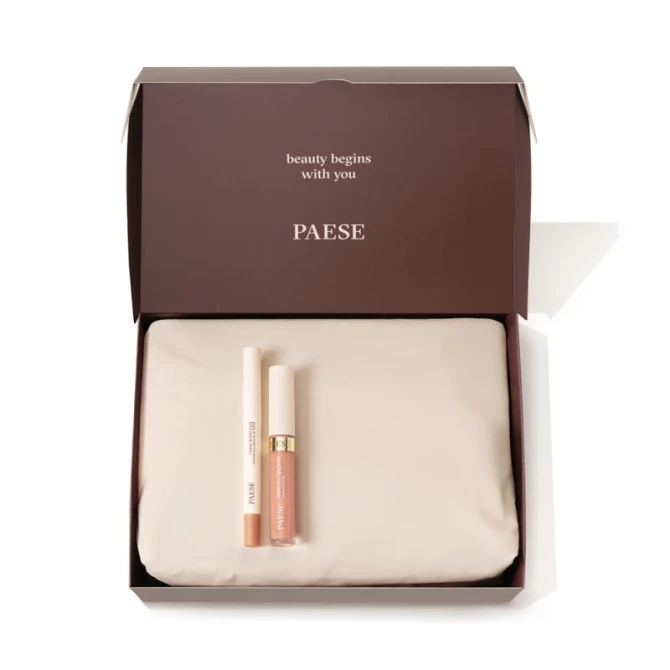 PAESE Zestaw Świąteczny Nude Lip Set - Kremowa konturówka do ust 03 Honey Mood 0,6g + Błyszczyk do ust 14 Caramel Mousse 4,5ml