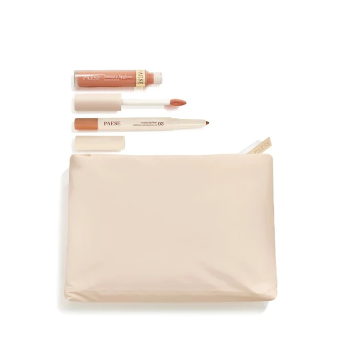 PAESE Zestaw Świąteczny Nude Lip Set - Kremowa konturówka do ust 03 Honey Mood 0,6g + Błyszczyk do ust 14 Caramel Mousse 4,5ml