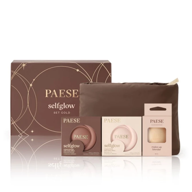 PAESE Zestaw Świąteczny SELFGLOW SET COLD Kremowy bronzer z matowym efektem 02 Velvet Sand 8g + Kremowy róż z matowym efektem 03 Rose Veil 8g + Gąbka do makijażu 1 szt.