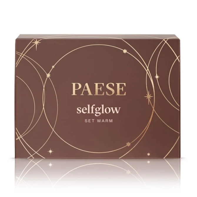 PAESE Zestaw Świąteczny SELFGLOW SET WARM Kremowy bronzer z matowym efektem 01 Velvet Tan 8g +Kremowy róż z matowym efektem 02 Peach Sunrise 8g + Gąbka do makijażu 1 szt.