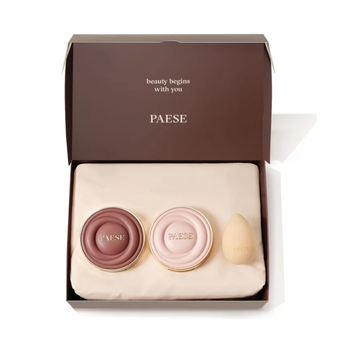 PAESE Zestaw Świąteczny SELFGLOW SET WARM Kremowy bronzer z matowym efektem 01 Velvet Tan 8g +Kremowy róż z matowym efektem 02 Peach Sunrise 8g + Gąbka do makijażu 1 szt.