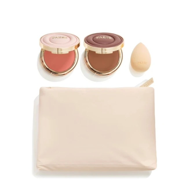 PAESE Zestaw Świąteczny SELFGLOW SET WARM Kremowy bronzer z matowym efektem 01 Velvet Tan 8g +Kremowy róż z matowym efektem 02 Peach Sunrise 8g + Gąbka do makijażu 1 szt.