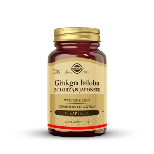 SOLGAR Ginkgo Biloba (Miłorząb Japoński) Wsparcie krążenia obwodowego, funkcji poznawczych 60 kapsułek