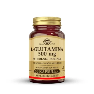 SOLGAR L-glutamina 500 mg, Dla wsparcia jelit, funkcjonowania mózgu i budowy mięśni 50 kapsułek