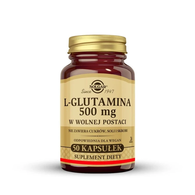 SOLGAR L-glutamina 500 mg, Dla wsparcia jelit, funkcjonowania mózgu i budowy mięśni 50 kapsułek