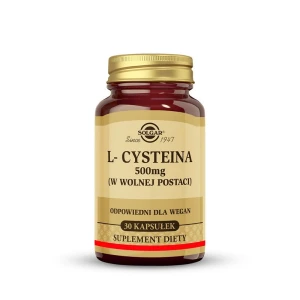SOLGAR L-cysteina 500 mg, Wspiera detoksykację wątroby, procesy antyoksydacyjne, zdrową skórę, włosy i paznokcie 30 kapsułek
