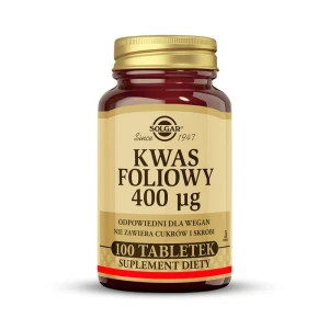SOLGAR Kwas foliowy 400 µg, Zmniejsza uczucie zmęczenia oraz prawidłową produkcję krwi 100 tabletek