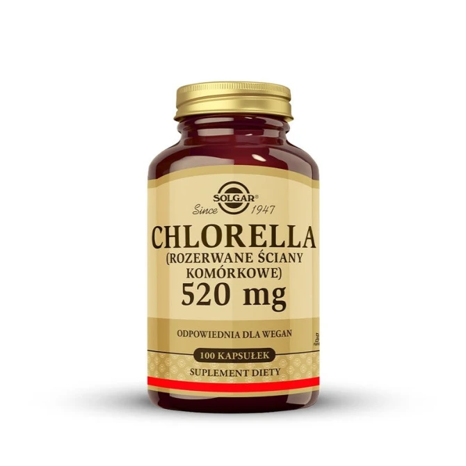 SOLGAR Chlorella 520 mg, Wsparcie układu pokarmowego, zmniejszenie uczucia zmęczenia 100 kapsułek