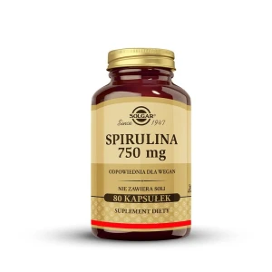 SOLGAR Spirulina 750 mg, Dla utrzymania prawidłowego poziomu glukozy, energii i witalności organizmu 80 kapsułek