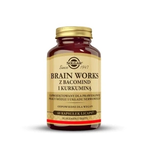 SOLGAR Brain Works z BacoMind® i Kurkuminą, Wsparcie pracy mózgu i układu nerwowego, poprawa koncentracji, zmniejszenie zmęczenie 60 kapsułek