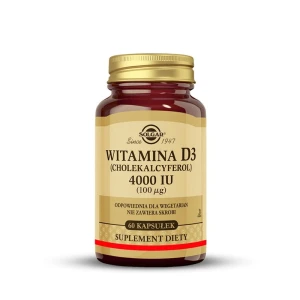 SOLGAR Witamina D3 4000 IU (100 µg) Dla zdrowych zębów, kości, mięśni i układu odpornościowego 60 kapsułek