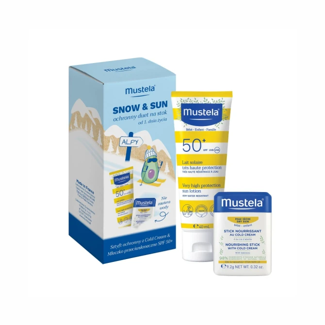MUSTELA SNOW&SUN Sztyft ochronny z Cold Cream 9,2g + Mleczko przeciwsłoneczne do twarzy SPF 50+ 40ml