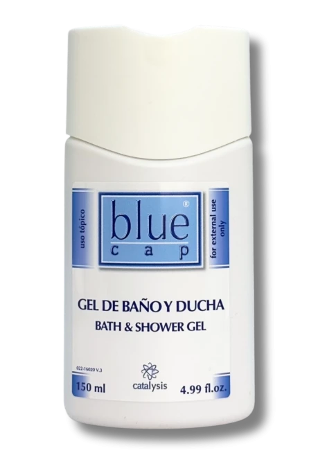 BLUE CAP Żel Do Mycia Zmniejsza i Eliminuje Złuszczanie Się Naskórka, Świąd, Pieczenie i Podrażnienia Skóry - 150 ml.png