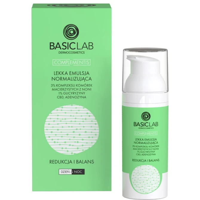 BASICLAB Lekka Emulsja Normalizująca 3% Kompleks Komórek Macierzystych z NONI, 1% Glicyryzyny, CBD, Andenozyny - 50ml