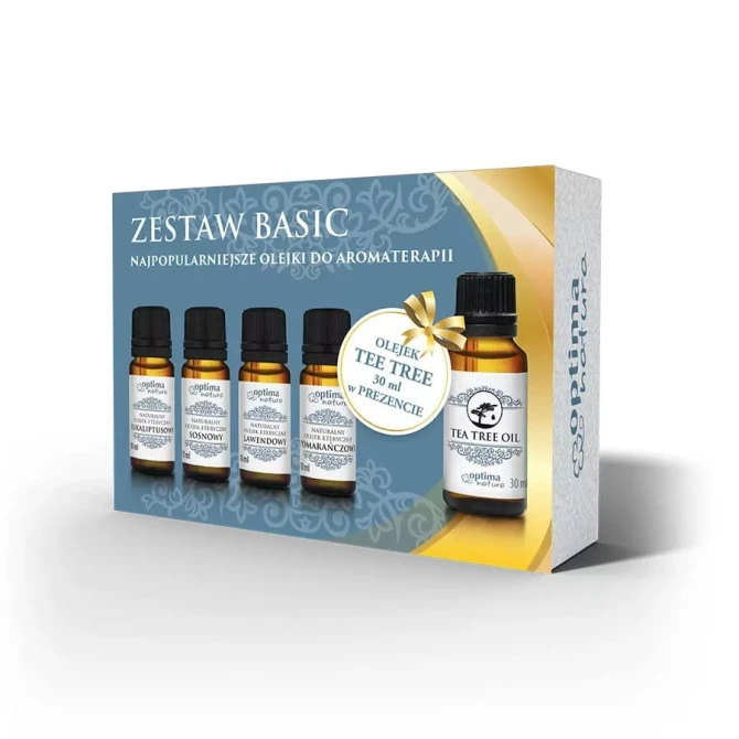 OPTIMA NATURA Zestaw olejek eteryczny Eukaliptusowy 10ml + olejek Sosnowy 10ml + olejek Lawendowy 10ml + olejek Pomarańczowy 10ml + olejek Drzewo Herbaciane 30ml