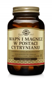 SOLGAR WAPŃ 600 mg MAGNEZ 300 mg w postaci cytrynianiu zmniejsza zmęczenie, wspiera zdrowe kości, zęby, mięśnie i układ odpornościowy 50 tabletek