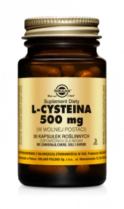 SOLGAR L-CYSTEINA 500 mg Wspiera detoksykację wątroby, procesy antyoksydacyjne, zdrową skórę, włosy i paznokcie 30 kapsułek