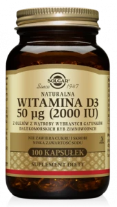 SOLGAR WITAMINA D3 50 µg dla zdrowych kości, zębów, mięśni i układu odpornościowego 100 kapsułek
