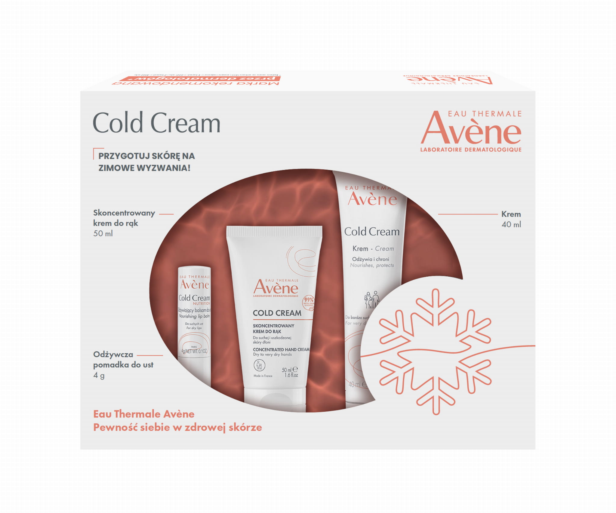 AVÈNE COLD CREAM Zestaw Krem Do Rąk - 50ml + Krem - 40ml + Odżywcza Pomadka Do Ust - 4g1.